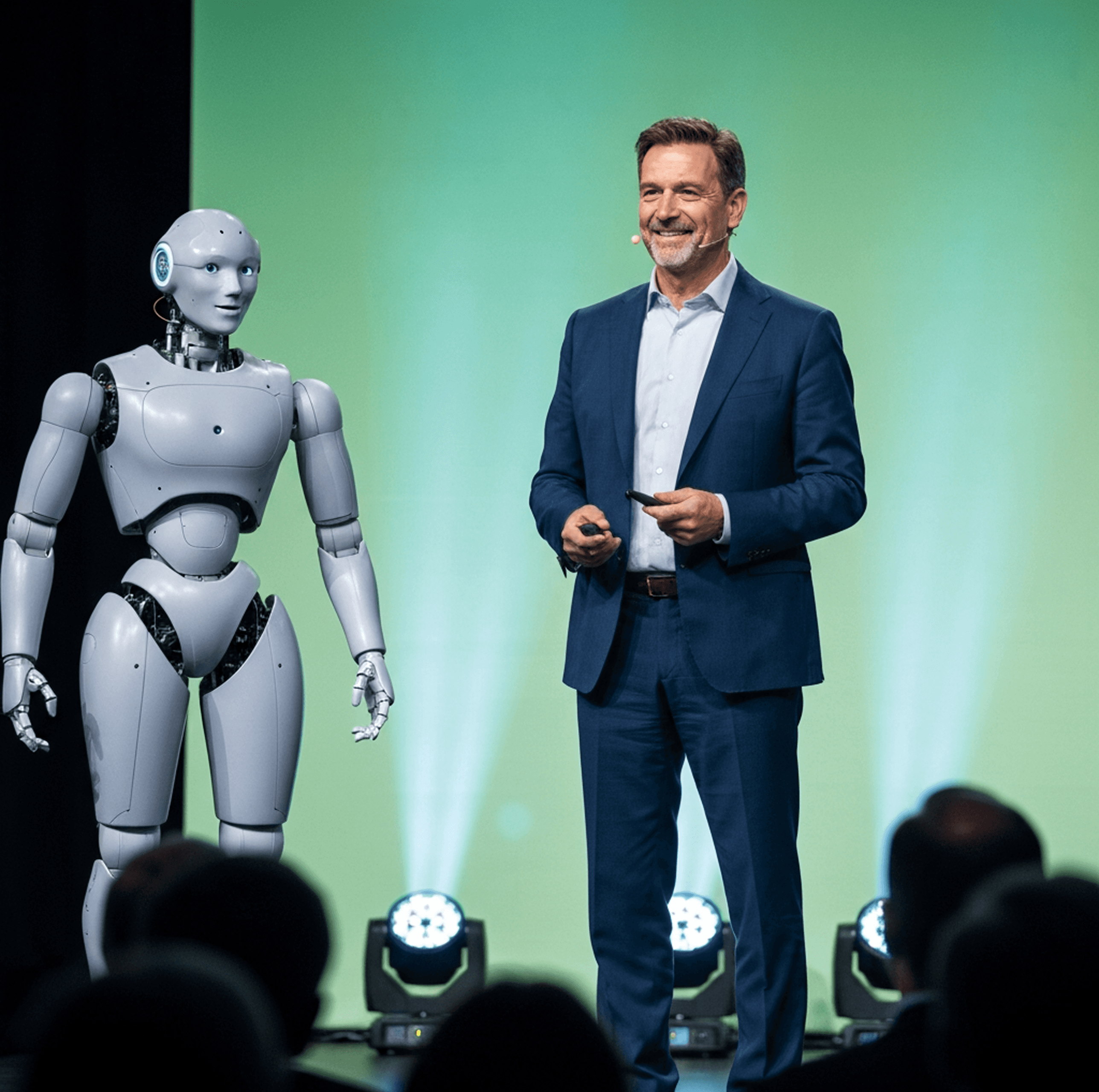 Man in a tweed jacket standing next to a large, cream and brass robot with robot-like ears.