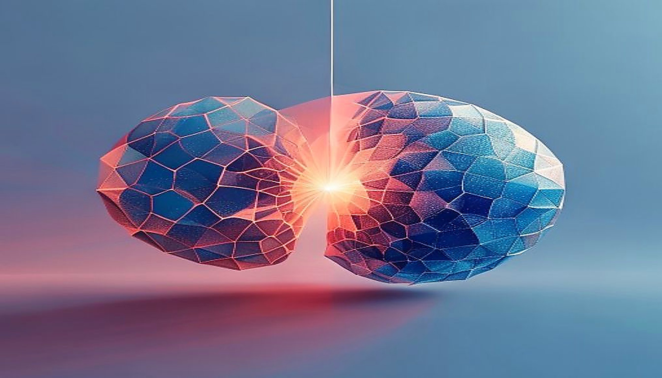 Modular lattice and monolithic crystal in tension, visualizing the Webflow vs custom development build decision.