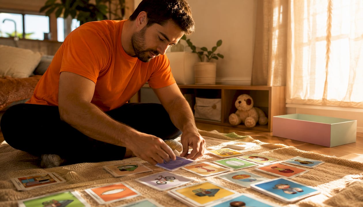 Father organizing visual schedule cards at table