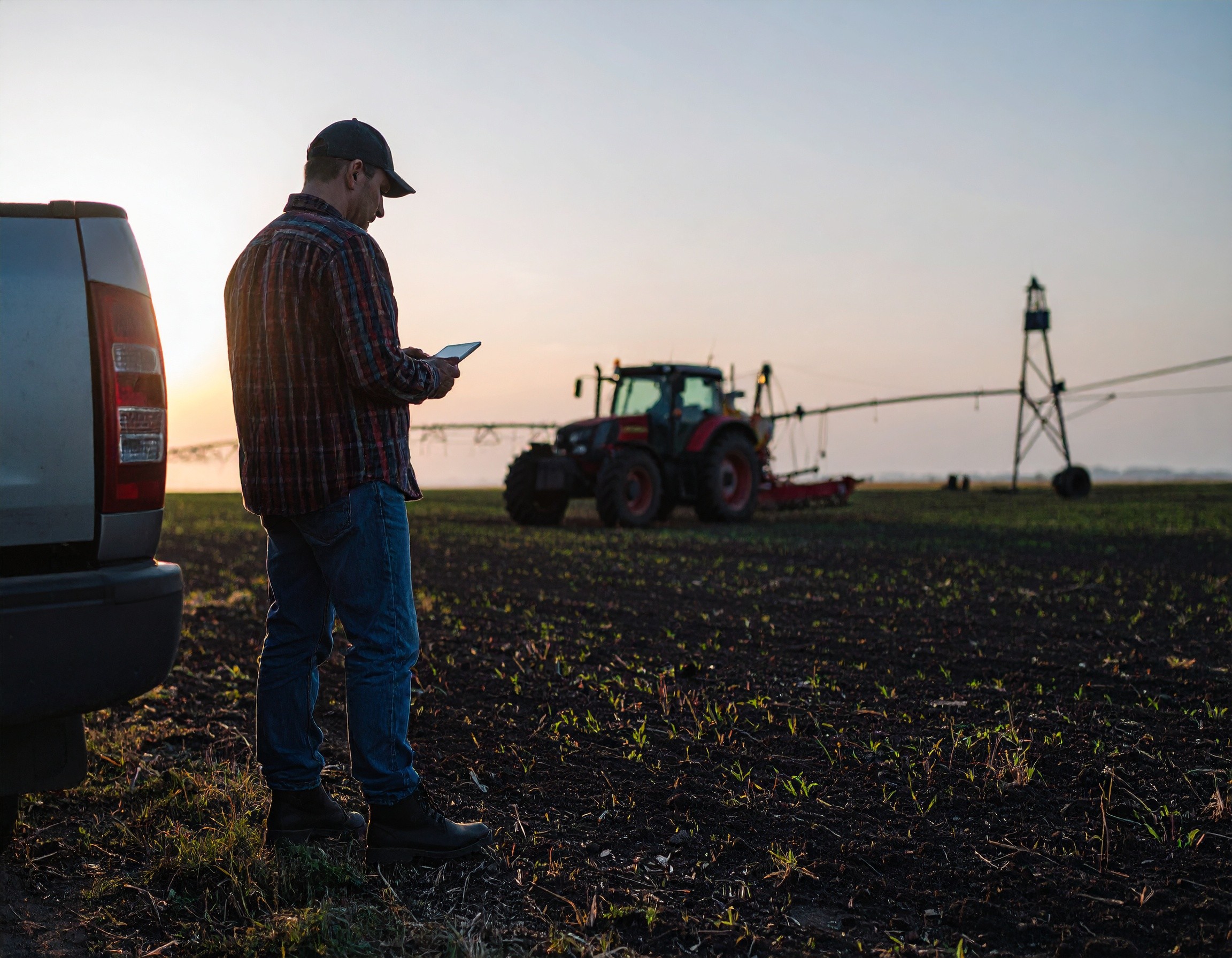 farm operator on device, machine in back