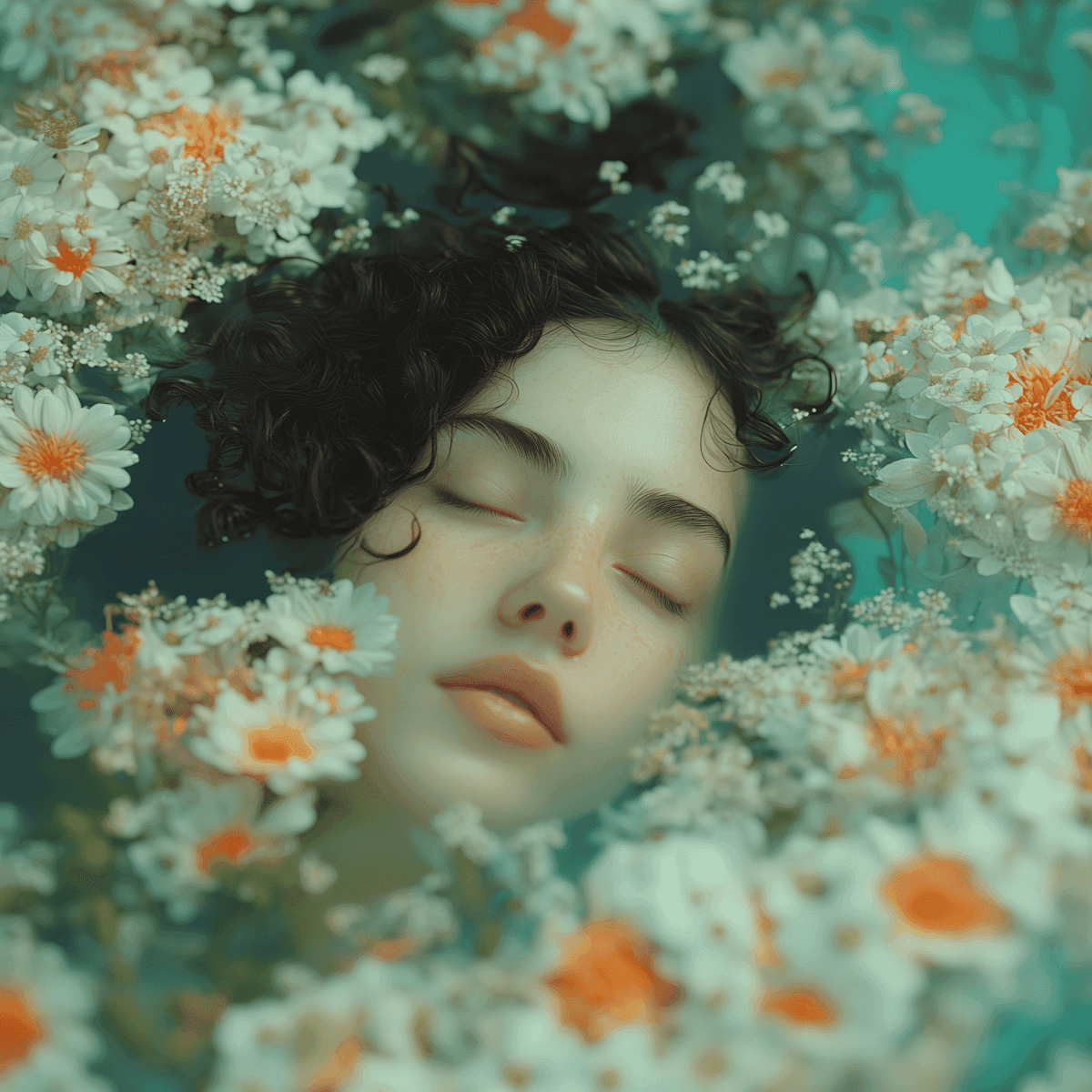 Close-up of a woman's face surrounded by white and orange flowers, eyes closed, appearing peaceful.