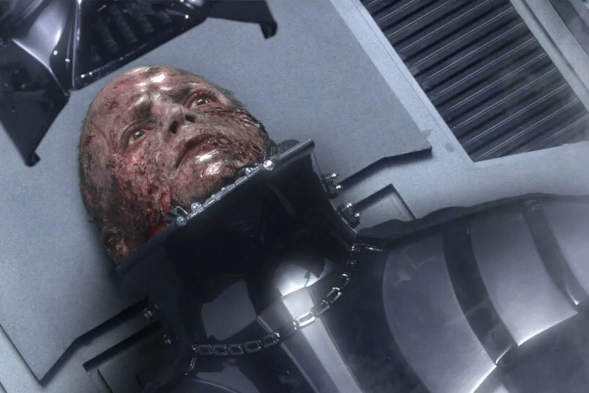 Darth Vader becomes encased in armor after his duel with Obi-Wan Kenobi.