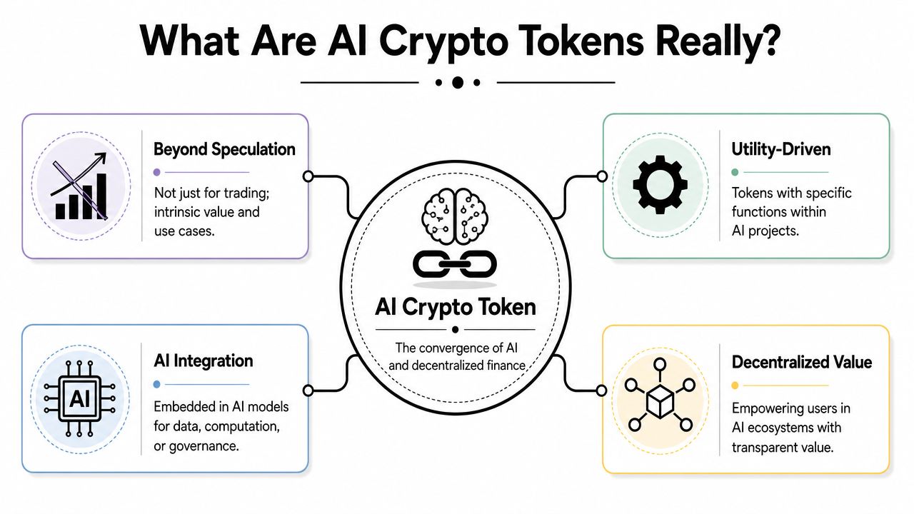 An infographic titled What Are AI Crypto Tokens Really explaining their utility, integration, and decentralized value.