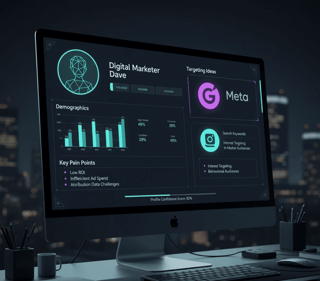 Illustration of a customer persona builder dashboard. A free strategic AI marketing tool by Mahendra, digital marketing specialist.