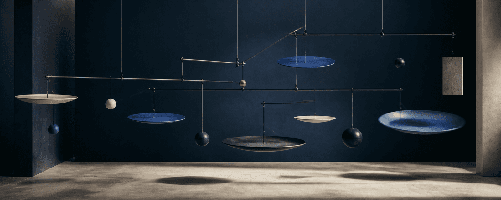 A small gold counterweight shifts a suspended system of navy, cobalt, ivory, and charcoal elements.