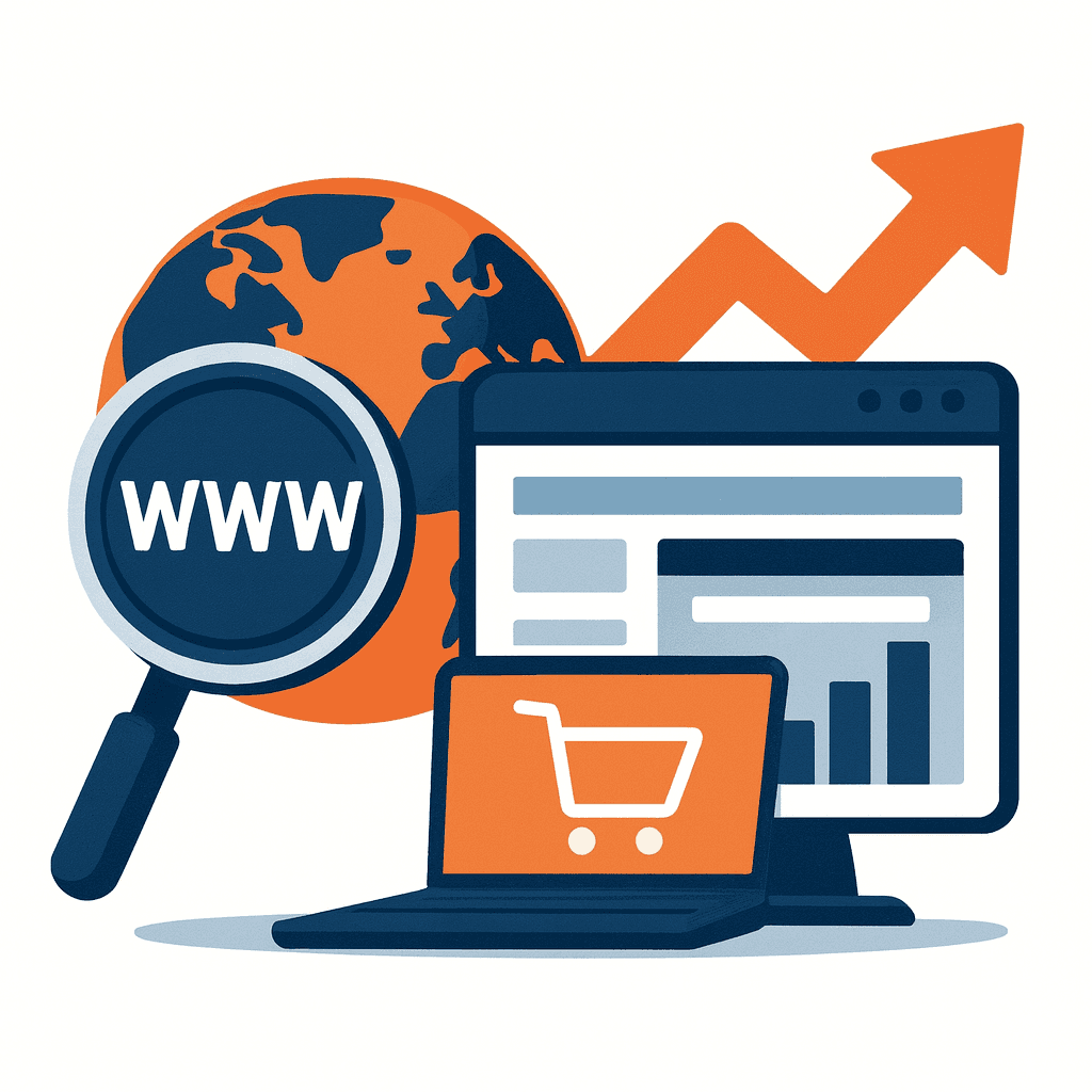 Illustration of international eCommerce expansion with a globe, storefront screens, shopping cart icon, and upward arrow representing global market entry and cross-border digital growth.