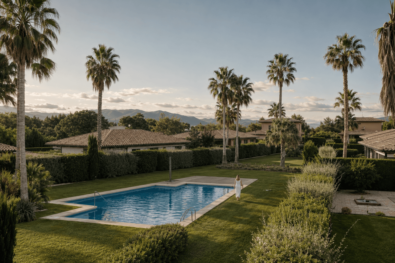 Jardin et piscine d’Isla del Golf entre les palmiers de Torremirona