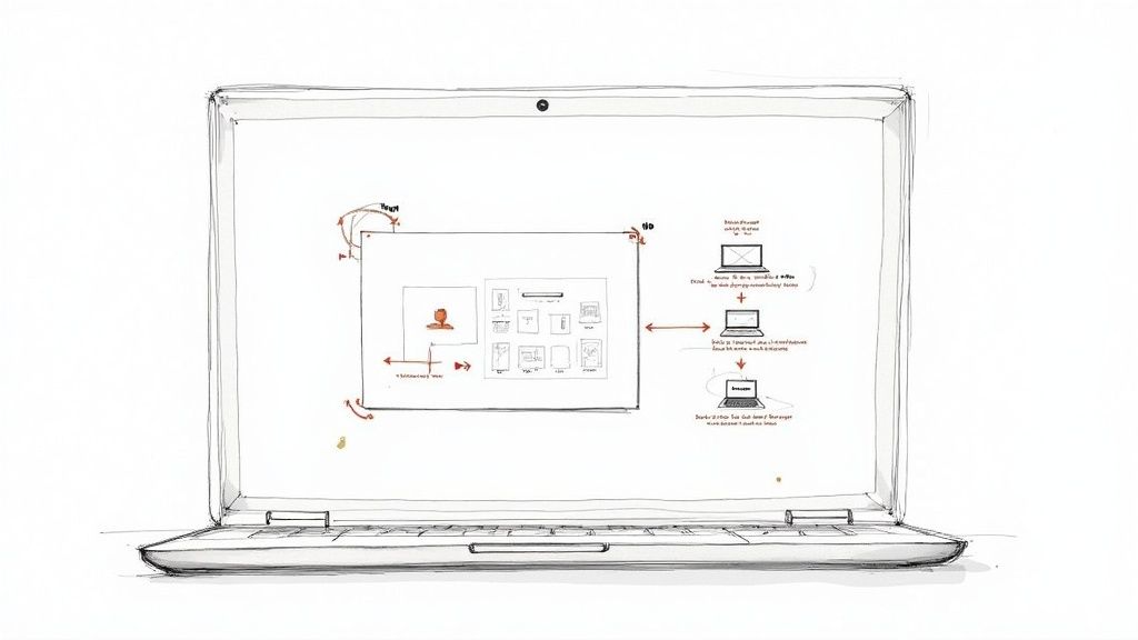 Hand-drawn sketch of laptop screen displaying workflow diagram with arrows showing design process steps
