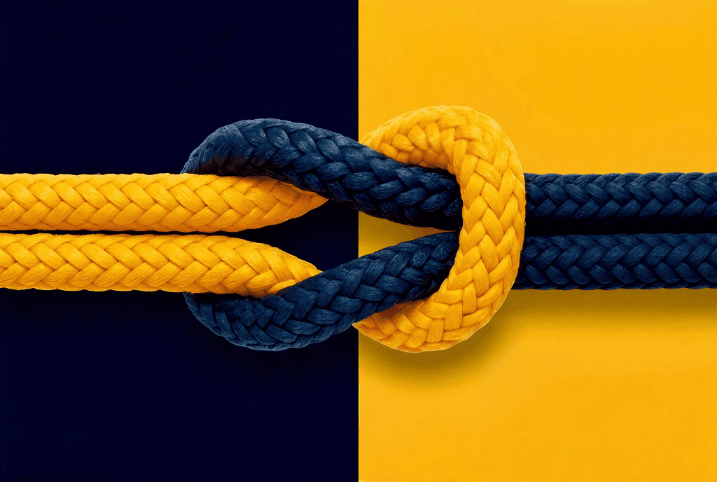 Navy and gold braided ropes tied in a square knot against a split navy and gold background.