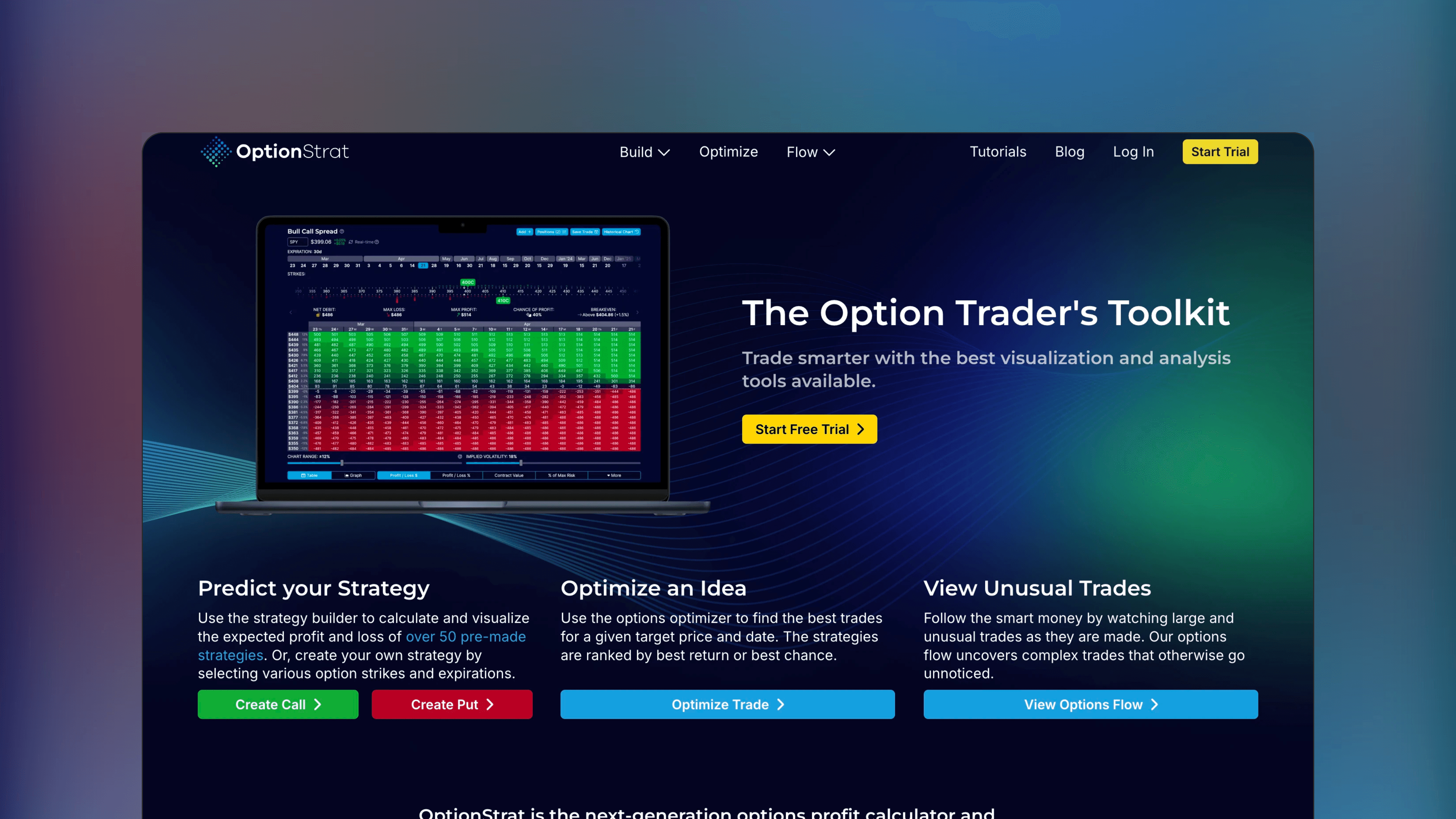 Website preview of OptionStrat, trade analytics orderflow platform featuring profit and loss visualizations for options strategies.