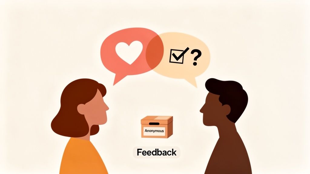 Illustration of two diverse people exchanging anonymous feedback, with speech bubbles and a feedback box.