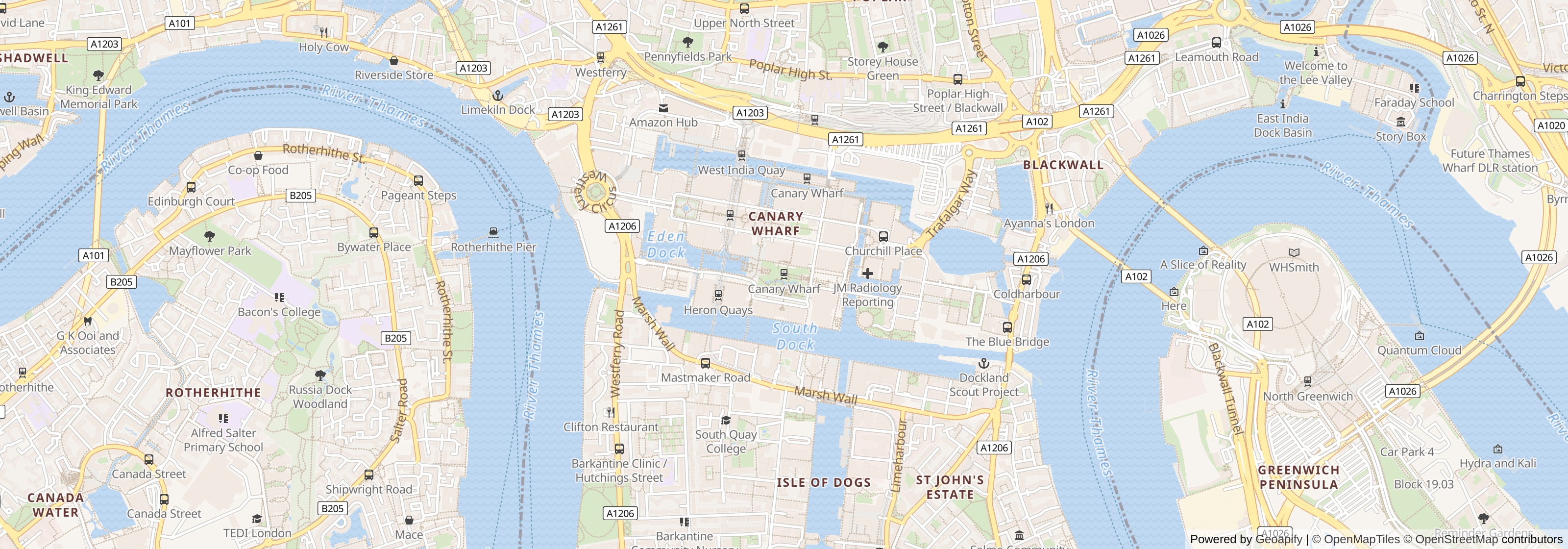 Street map of Canary Wharf, Tower Hamlets, London showing local roads and surrounding areas