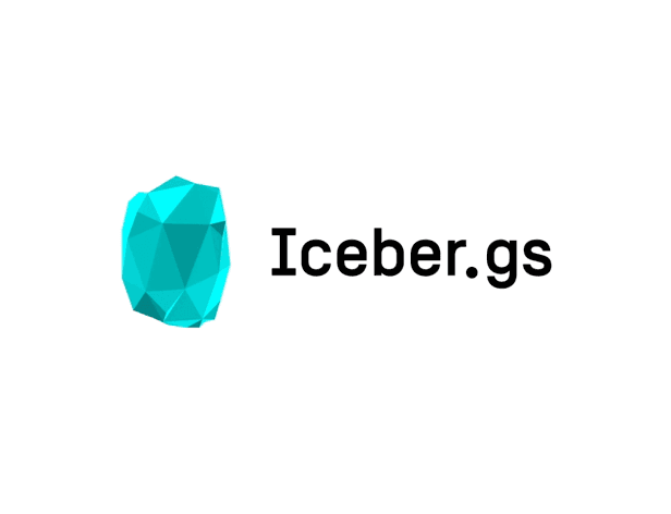 A teal-colored, faceted geometric shape resembling a crystal or gem is positioned to the left of the text "Iceber.gs" in black, sans-serif font. The background is plain white.