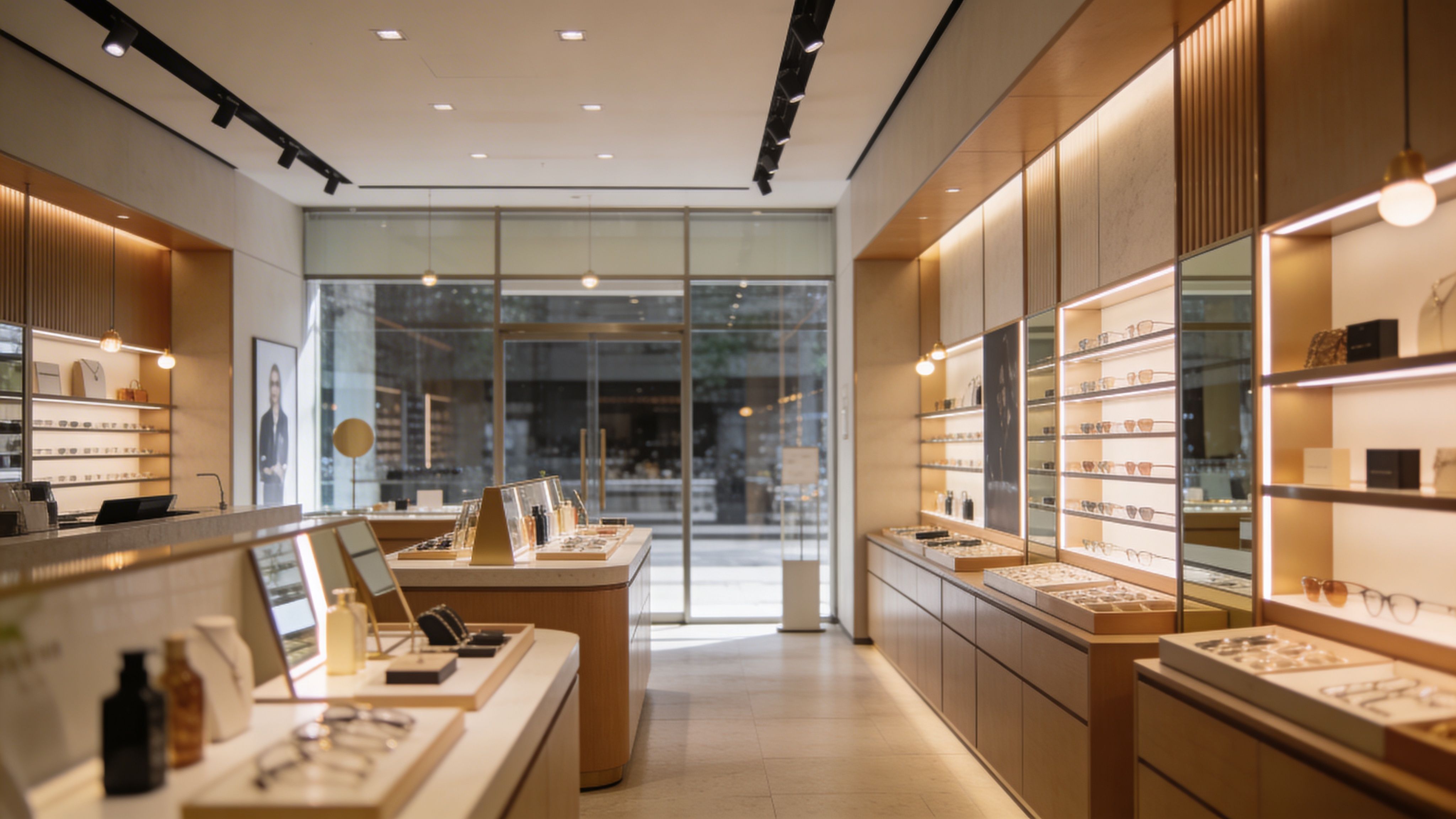 Modern optical or luxury retail shop with illuminated shelves, product displays, and warm ambient lighting