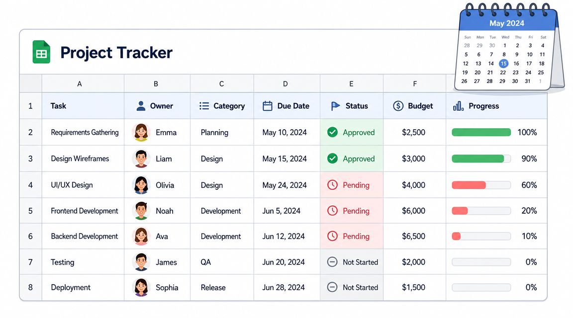 A project tracker spreadsheet displaying tasks, owners, categories, due dates, statuses, budgets, and progress percentages.
