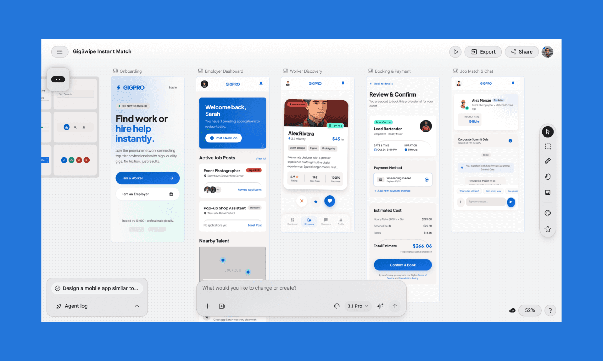 A multi-screen UI generated by Google Stitch that utilized 11 daily generation credit. 