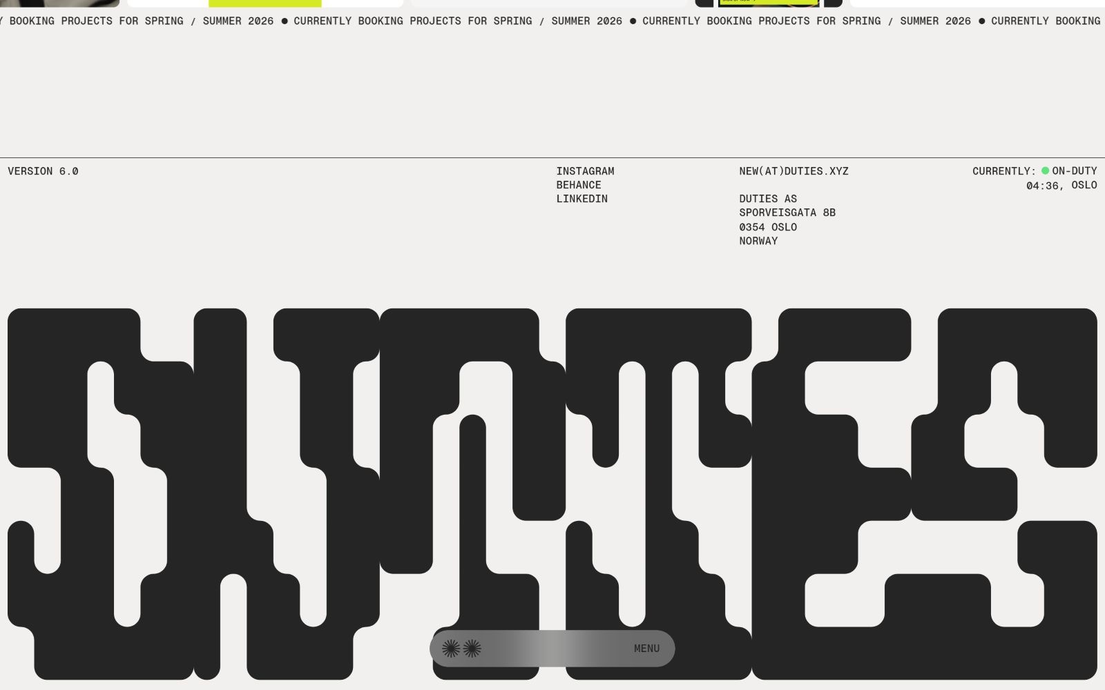 Bold, abstract text spells "DUTIES" in black on white. Top bar lists "Spring/Summer 2026" projects, contact links to the right.