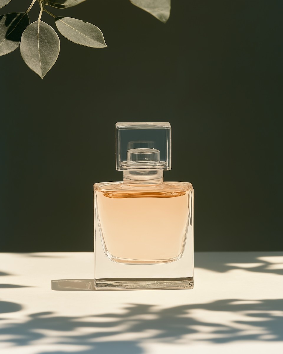 A square perfume bottle with a clear, minimalist design sits on a white surface, surrounded by soft shadows and leaves, set against a dark green background.