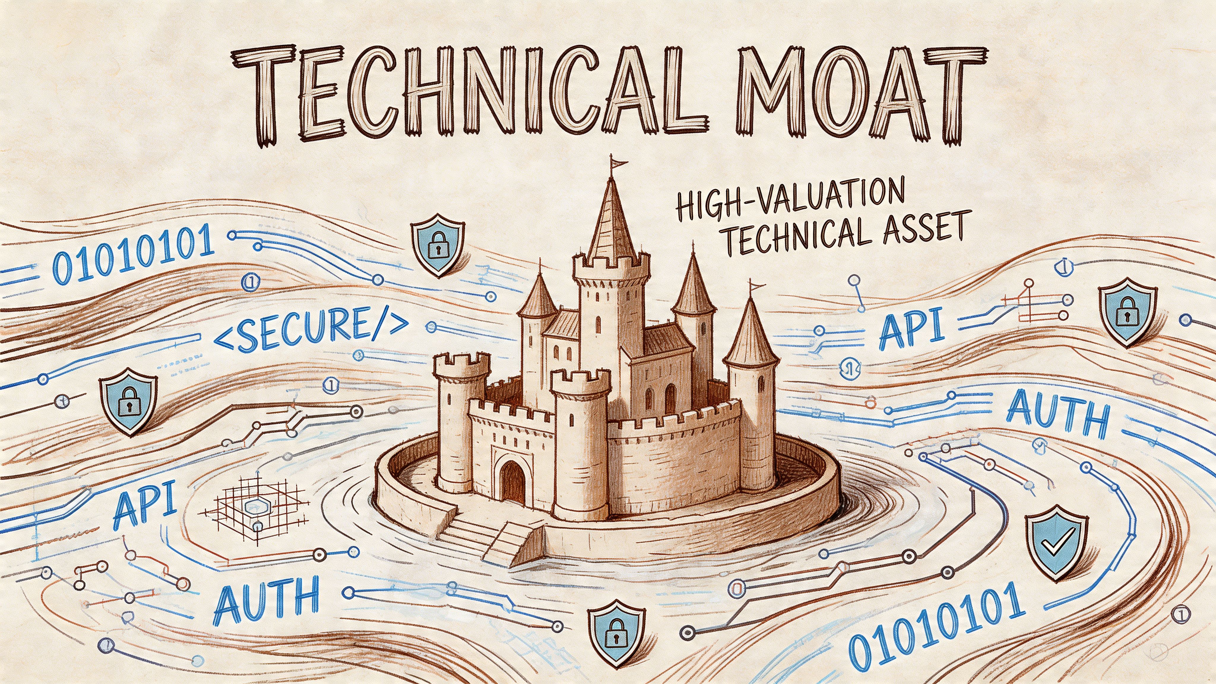 An illustration of a fortress representing a high-valuation technical asset protected by a security digital moat.