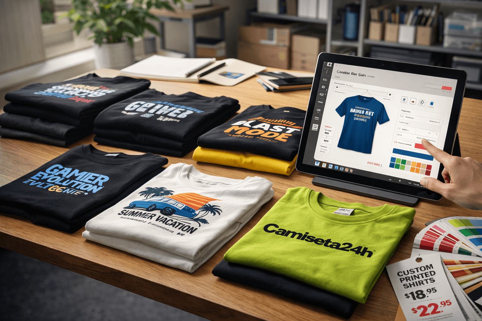 Camisetas personalizadas organizadas em mesa de produção com amostras e planejamento de pedido