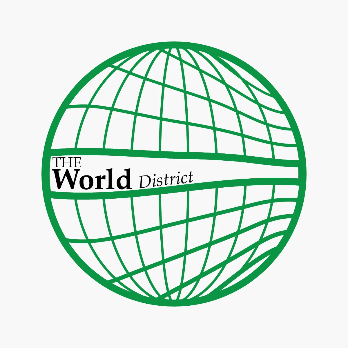 100 Logos #61: The World District wordmark in editorial serif and italic type banded across a wireframe globe