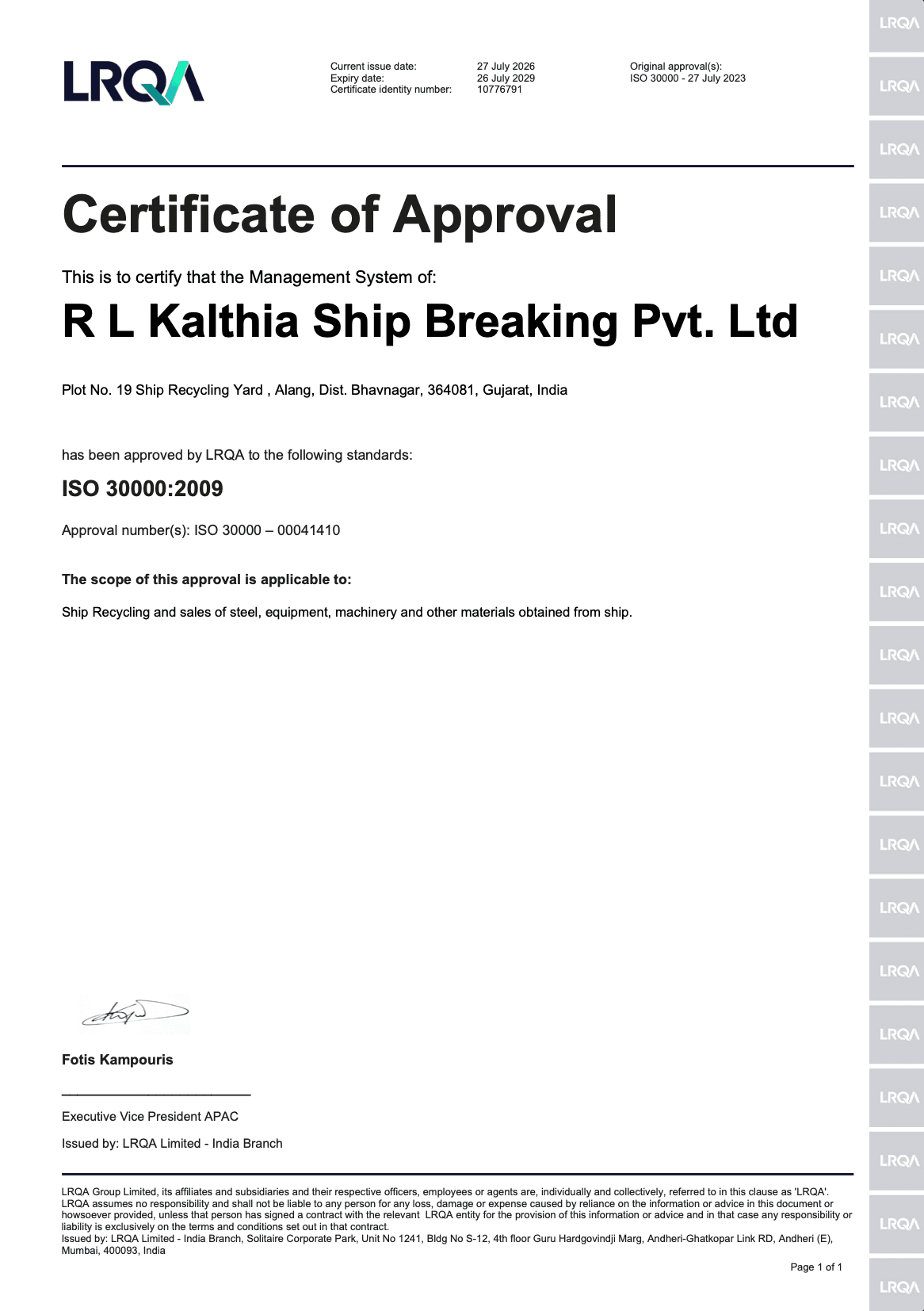LRQA Certificate of Approval for R.L. Kalthia Ship Breaking Pvt. Ltd. certifying ISO 30000:2009 compliance for ship recycling management systems at Alang shipbreaking yard
