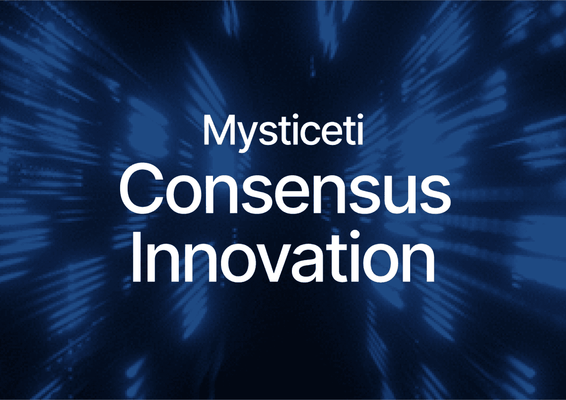 Text "Mysticeti Consensus Innovation" displayed on a dark blue background with blurred light streaks creating a dynamic effect.