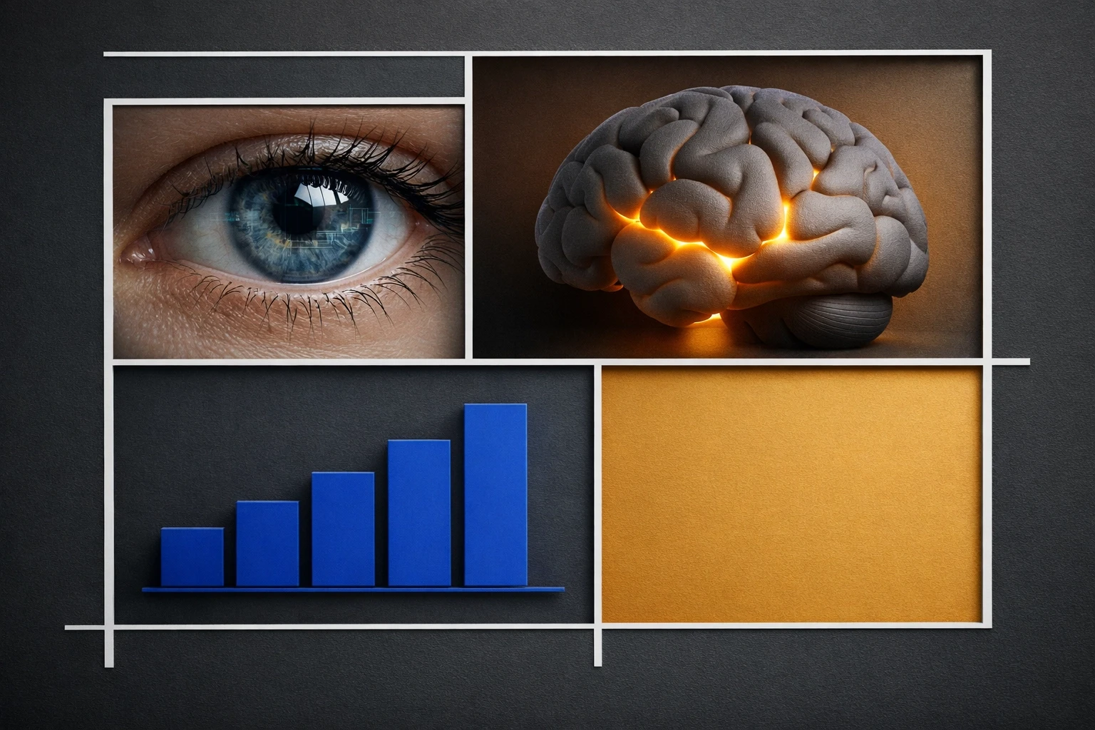 A grid layout with a human eye and glowing brain illustrating how user psychology influences conversion optimization.