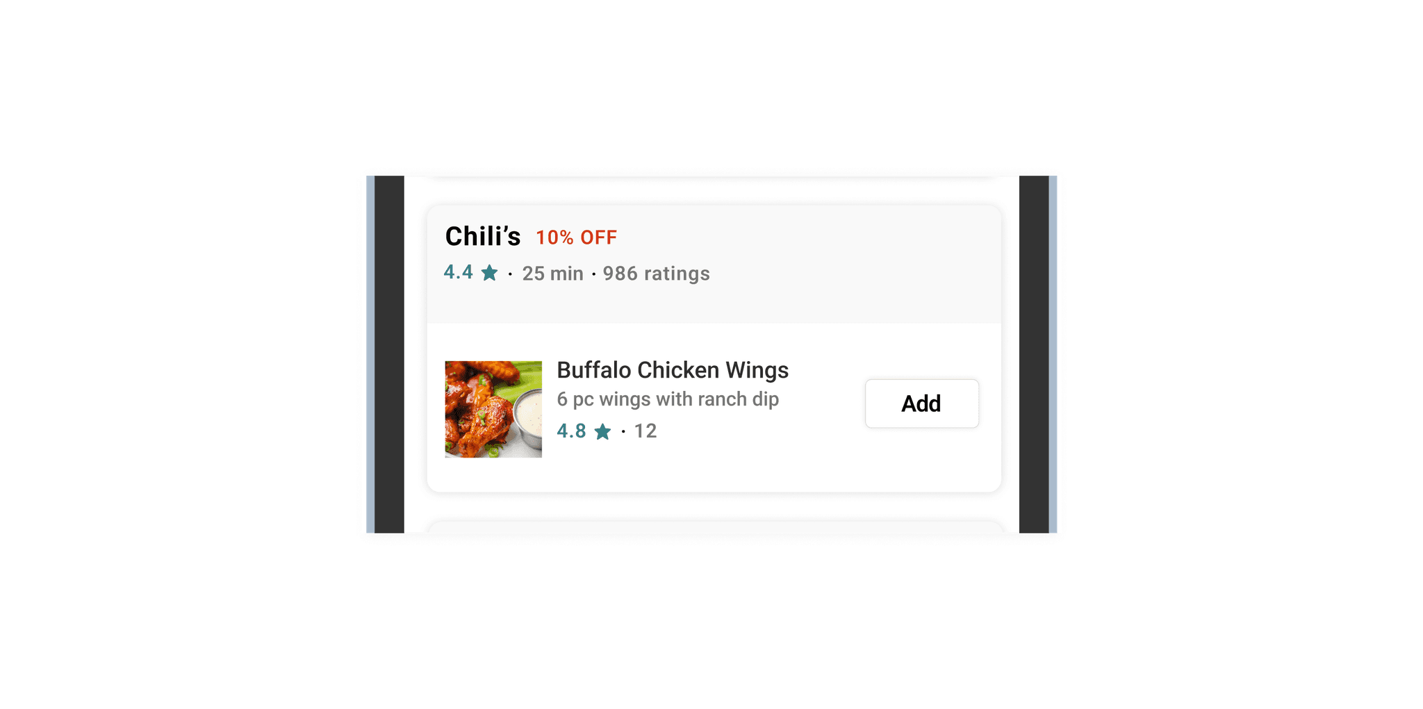 Mobile mockup containing ui screen of doordash food card redesign with ratings.