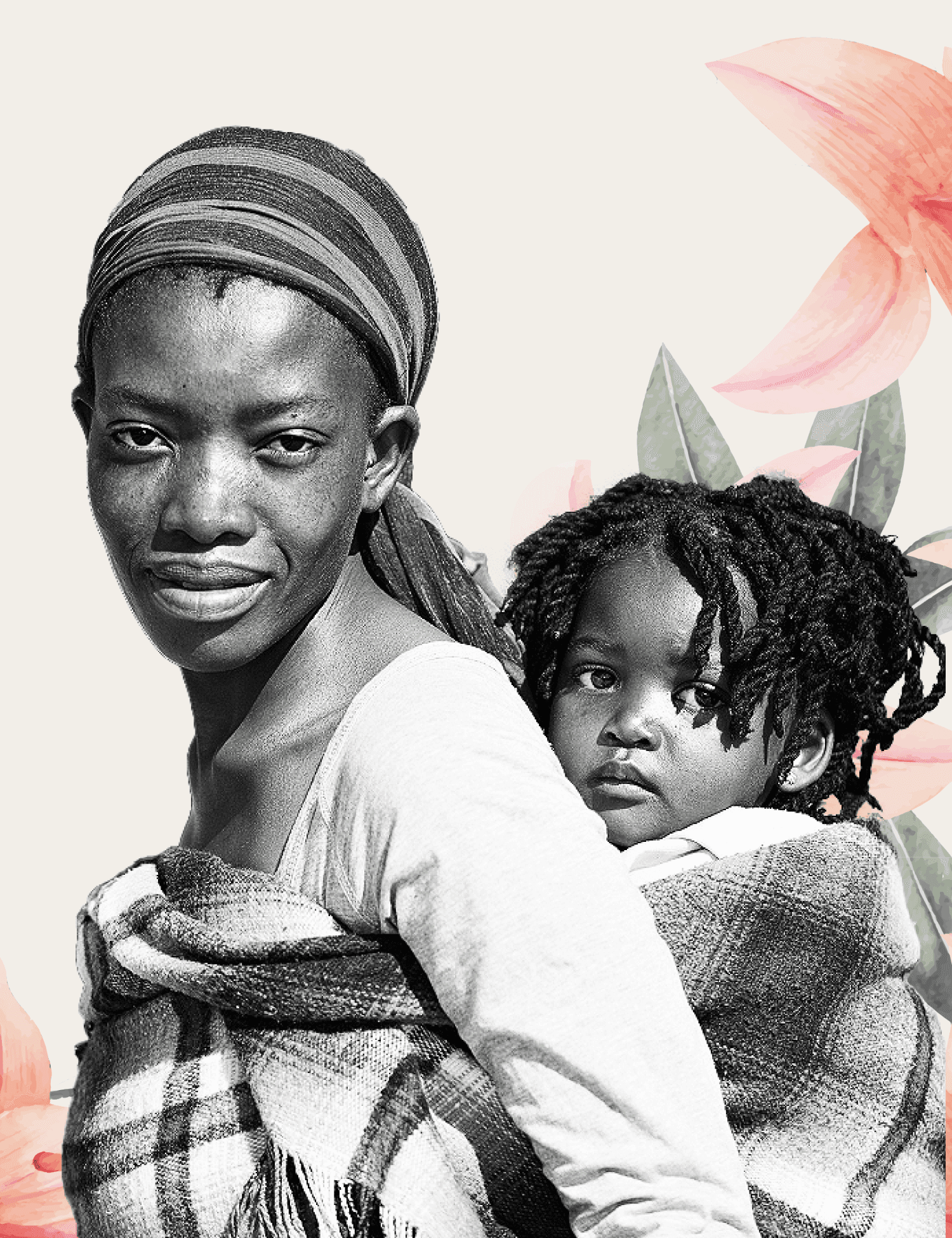 A young african mother smiling at the viewer, wearing a headwrap and carrying her child (a toddler with braided hair) on her back 