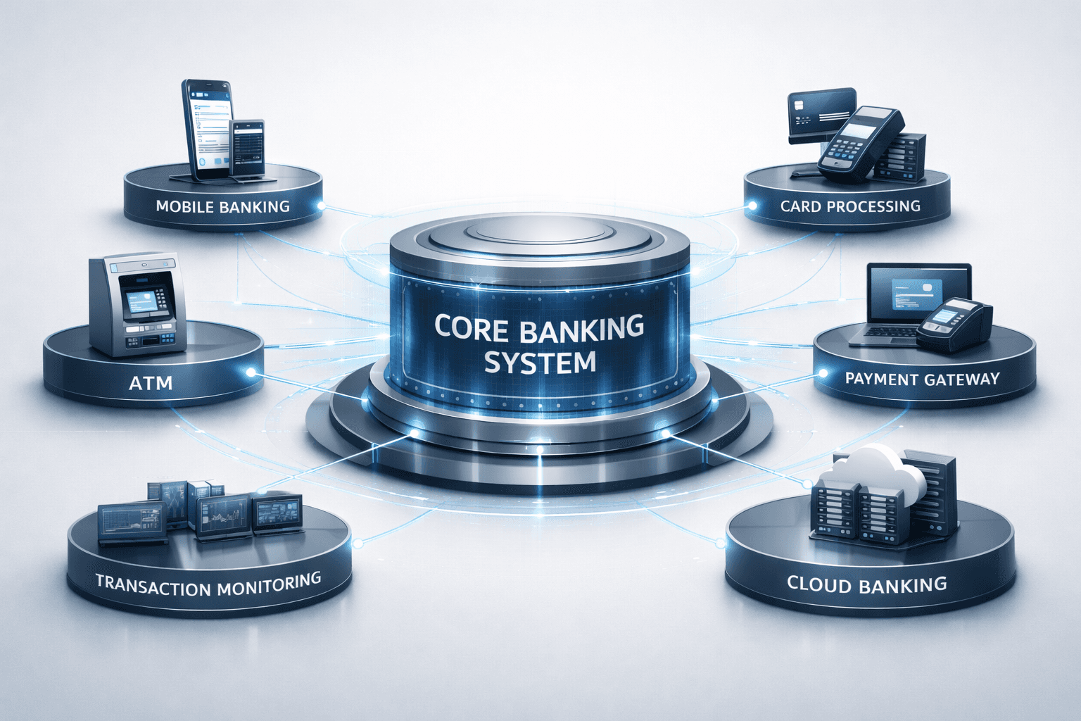 A futuristic diagram visualizing the architecture of a Core Banking System as a centralized digital banking platform. This image depicts a circular control center labeled "Core Banking System" connected through two-way data flows to various operational modules, including Mobile Banking, Online Banking, ATM networks, and Card Processing. Additionally, this infrastructure is supported by Cloud Banking technology (AWS), payment gateway processing, and a real-time transaction monitoring system equipped with AML/KYC security protocols to ensure safe and efficient data exchange.