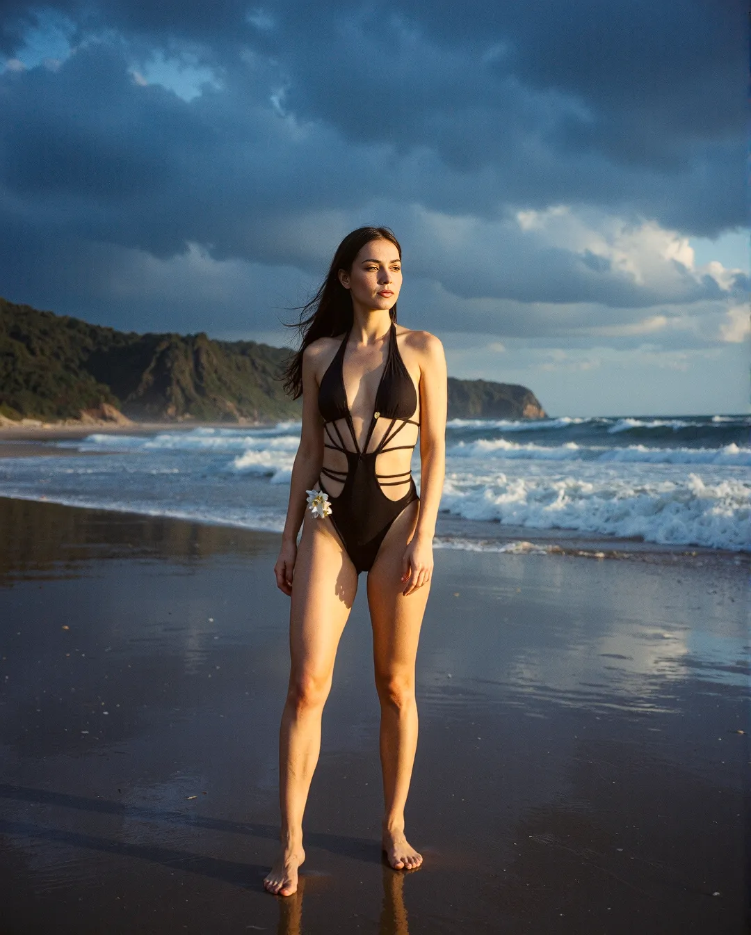 Stylish black swimsuit captured at golden hour on a beach with dramatic stormy clouds and coastal cliffs in the background