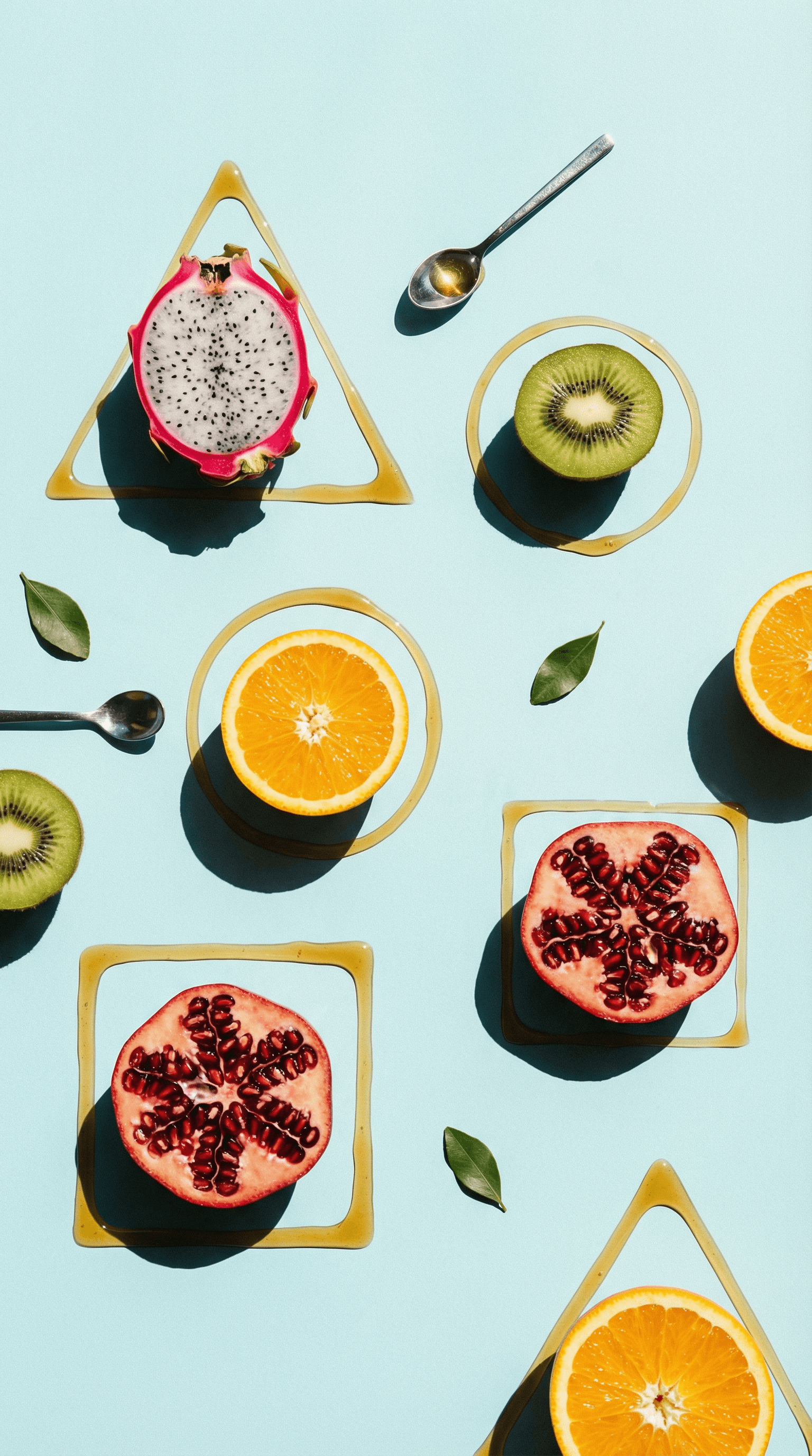Halved fruit arranged with geometric syrup shapes on a light blue background.