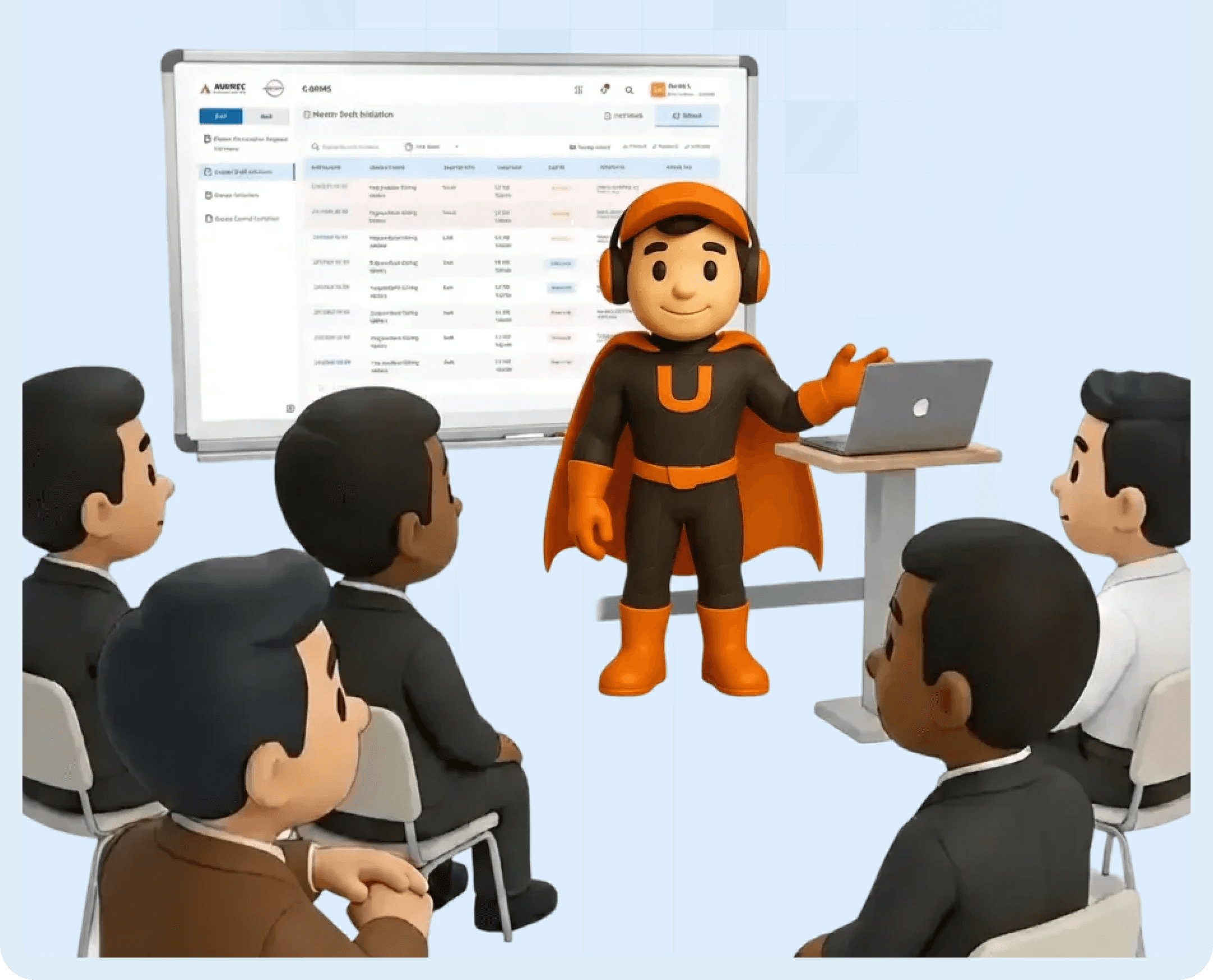 Upslide Mascot discussing problem with team