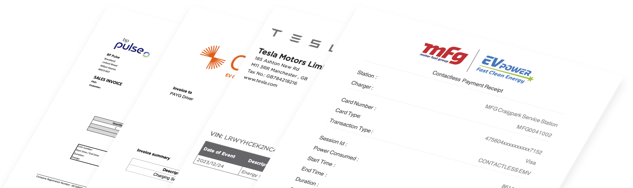 A graphic illustrating multiple EV public charging invoices