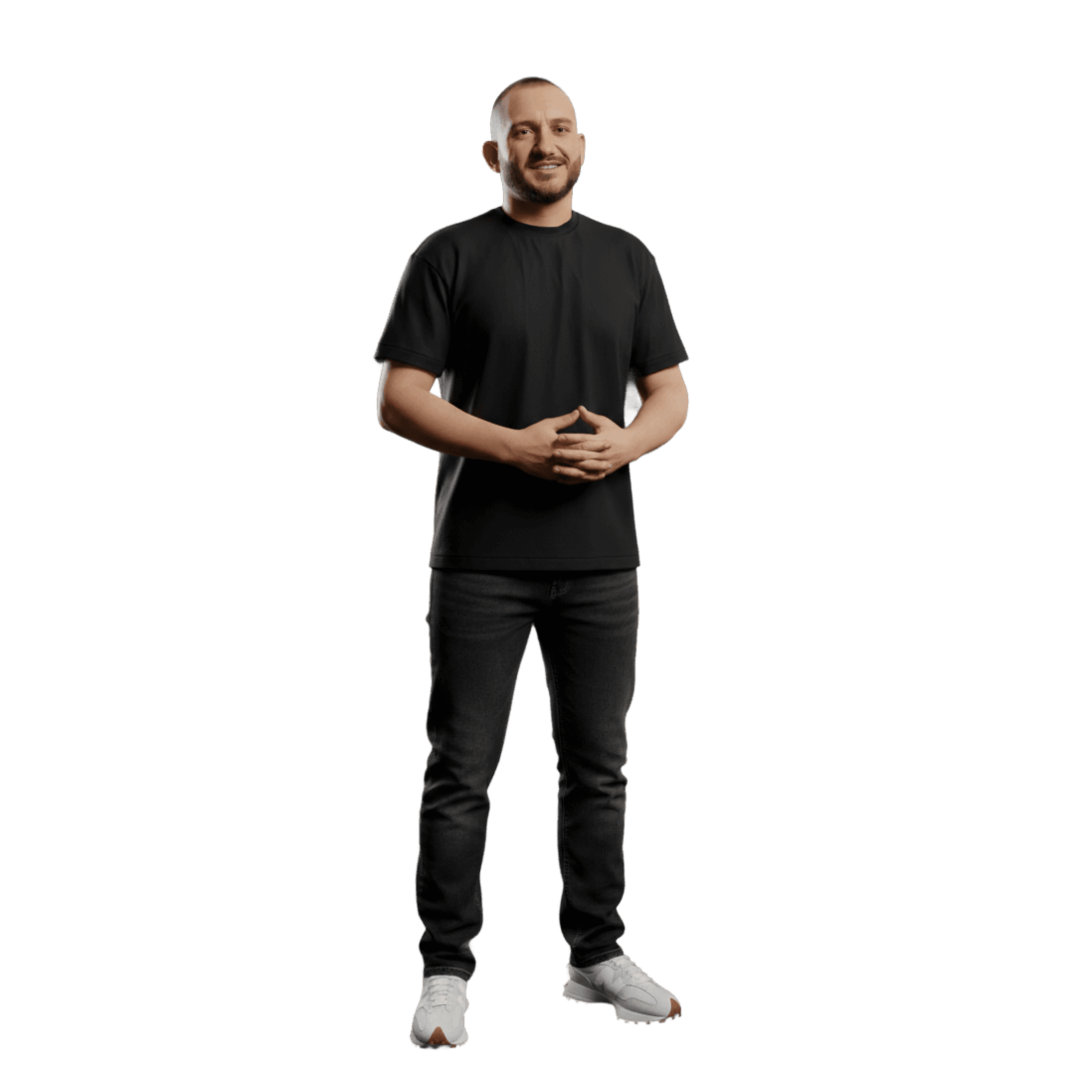 Senior UX designer standing with crossed arms in a studio workspace, reflecting experience in product design, design systems, and UX leadership.