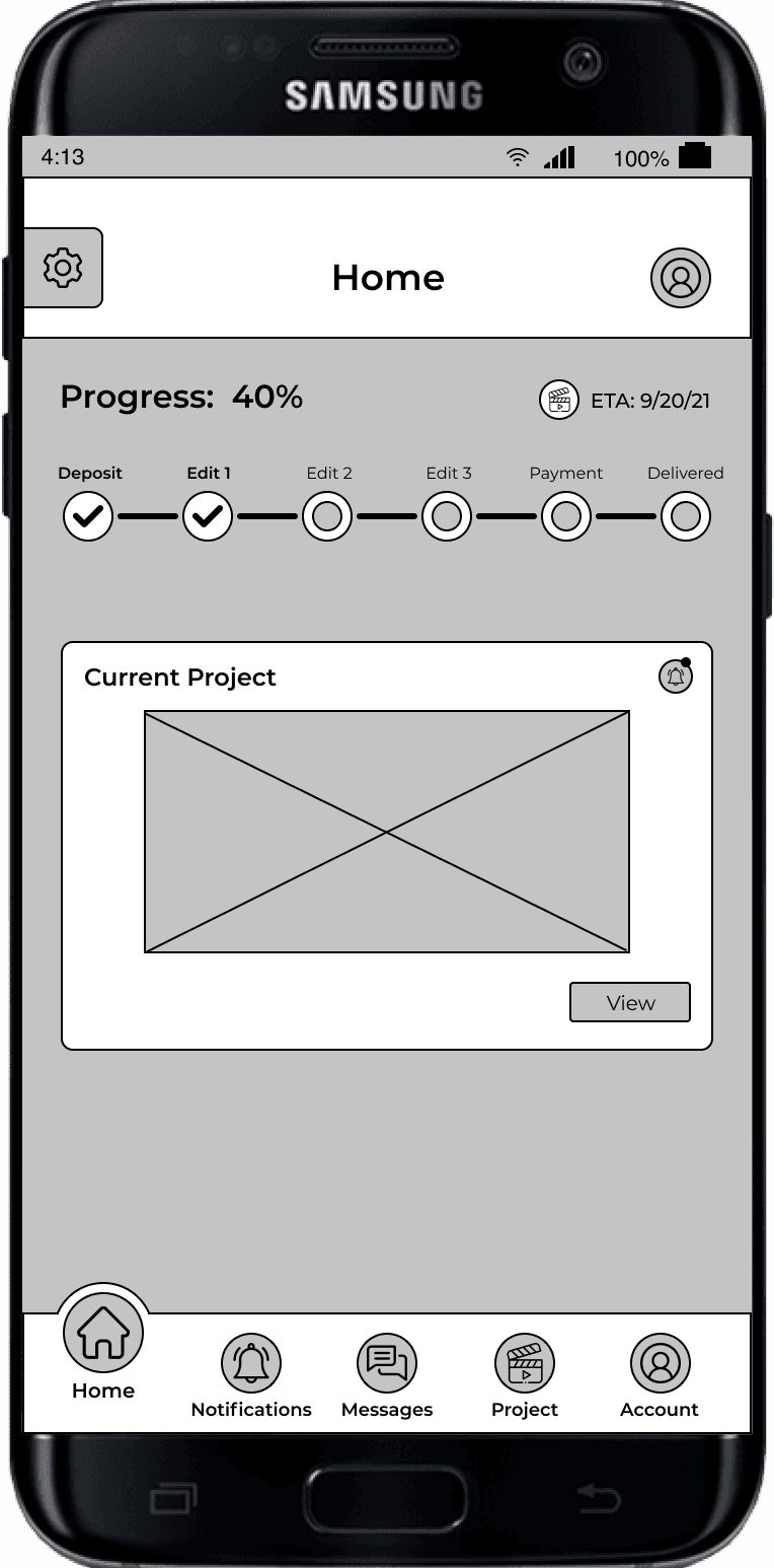 A wireframe of a media production app's homepage