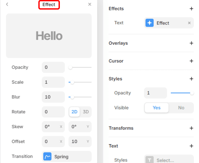 Réglages avancés d’un effet de texte dans Framer avec opacité flou et déplacement
