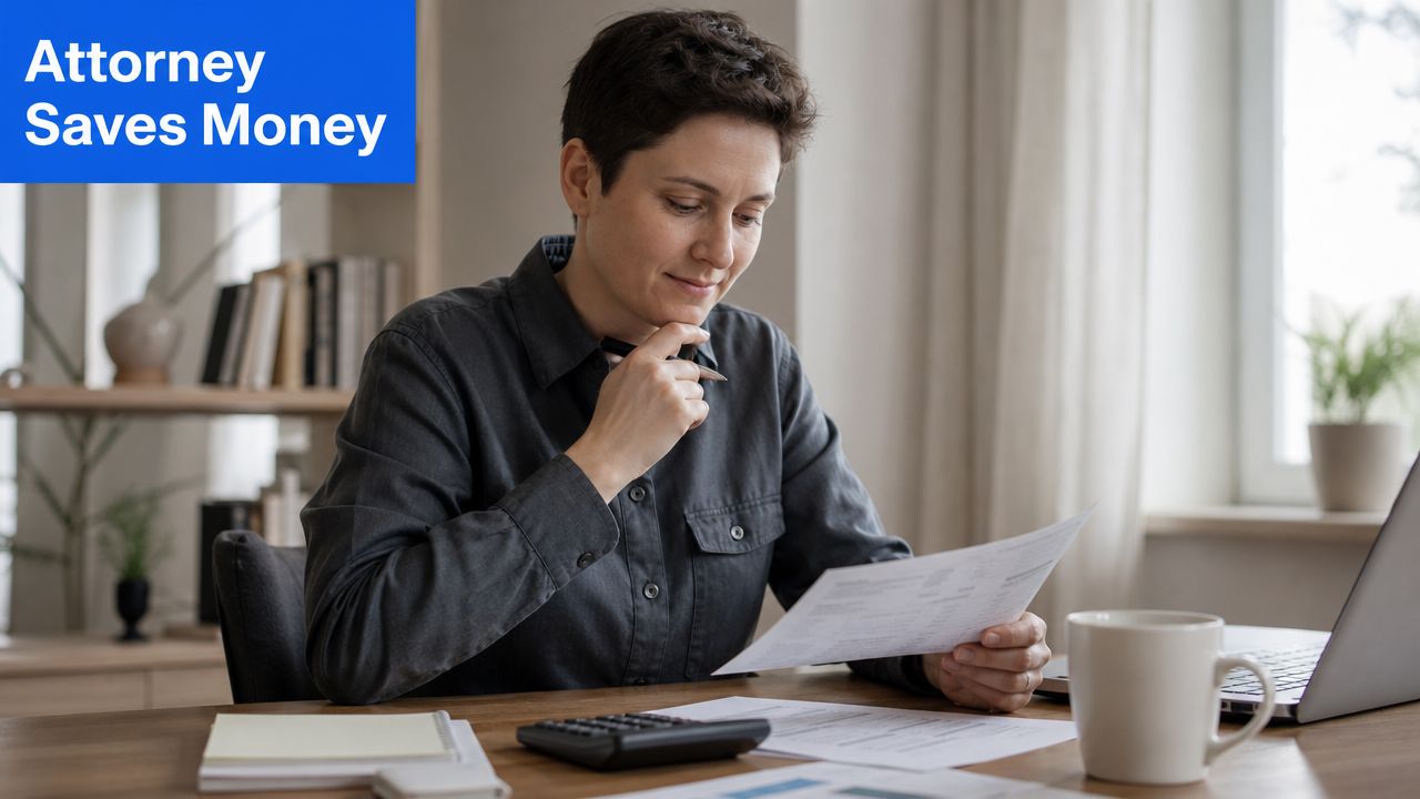 A professional attorney reviewing financial documents at a desk to help save money on legal costs.