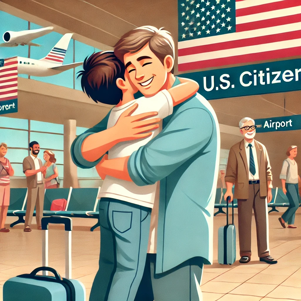 A U.S. citizen parent joyfully embracing their child at the airport upon arrival in the United States.
