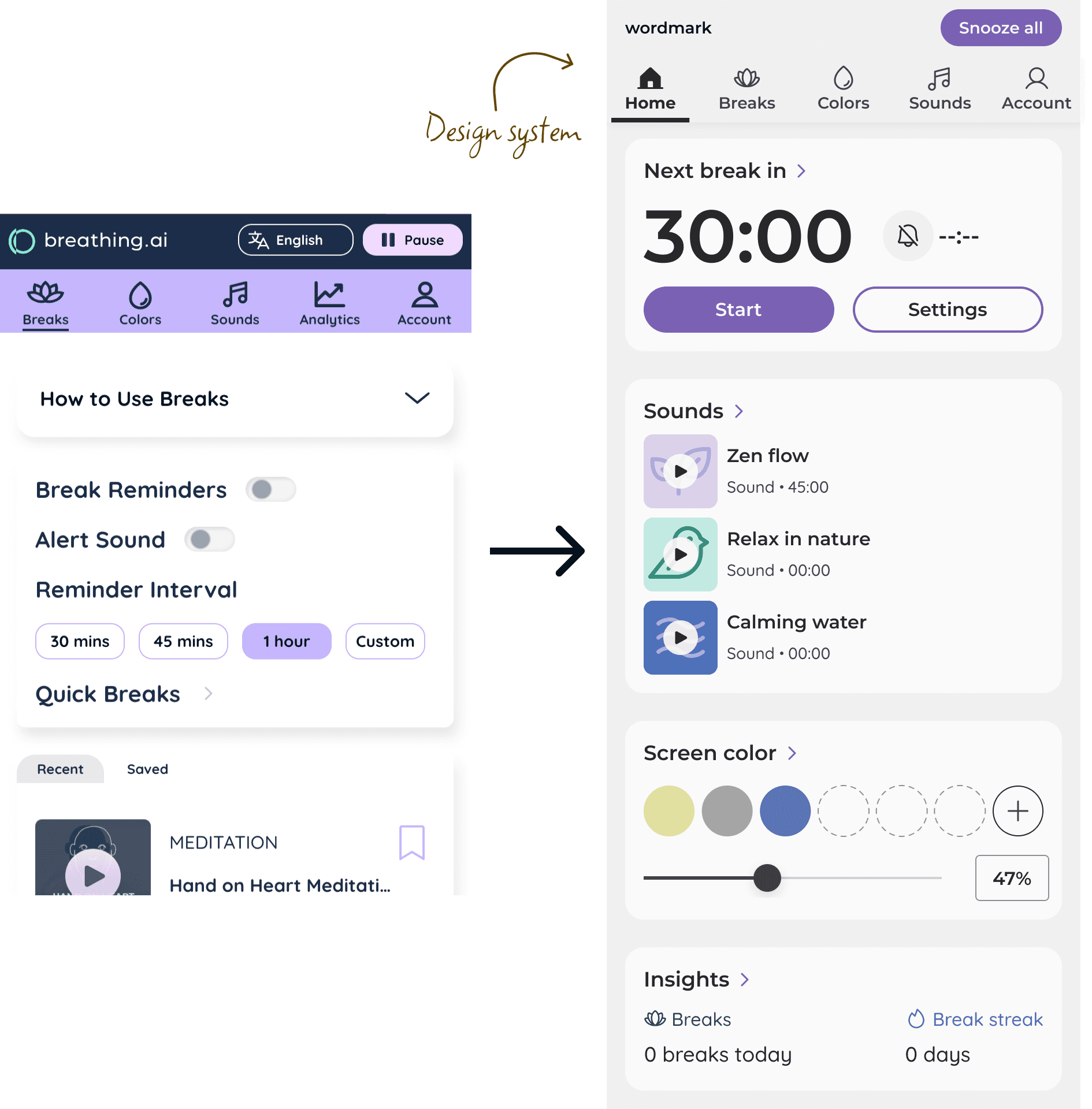 Comparison of the old and new designs of the breathing.ai extension. New design shows break timer, sounds, screen color, and insights.