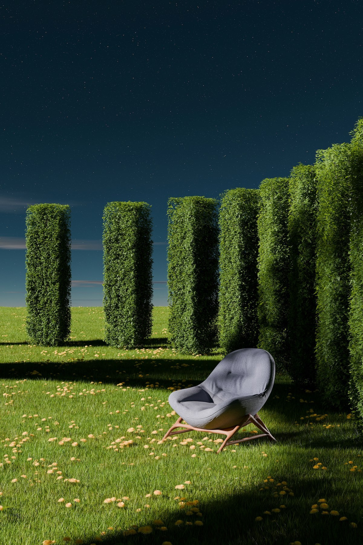 Modern chair on grass with tall hedges under starry night.