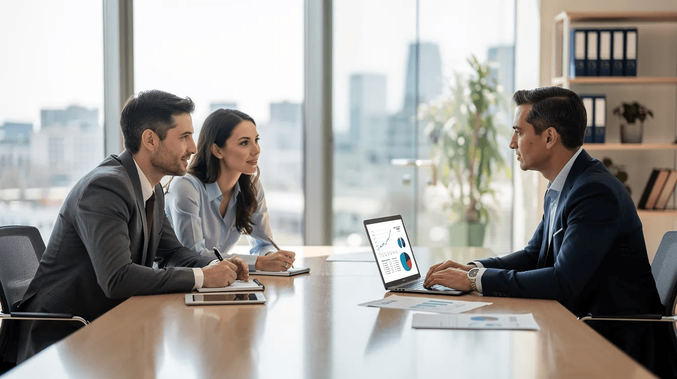 A financial advisor is seated at a desk in an office, discussing estate planning strategies with a couple. They appear engaged in conversation about asset protection, including the benefits of irrevocable trusts for minimizing estate taxes and protecting their financial legacy for future generations.