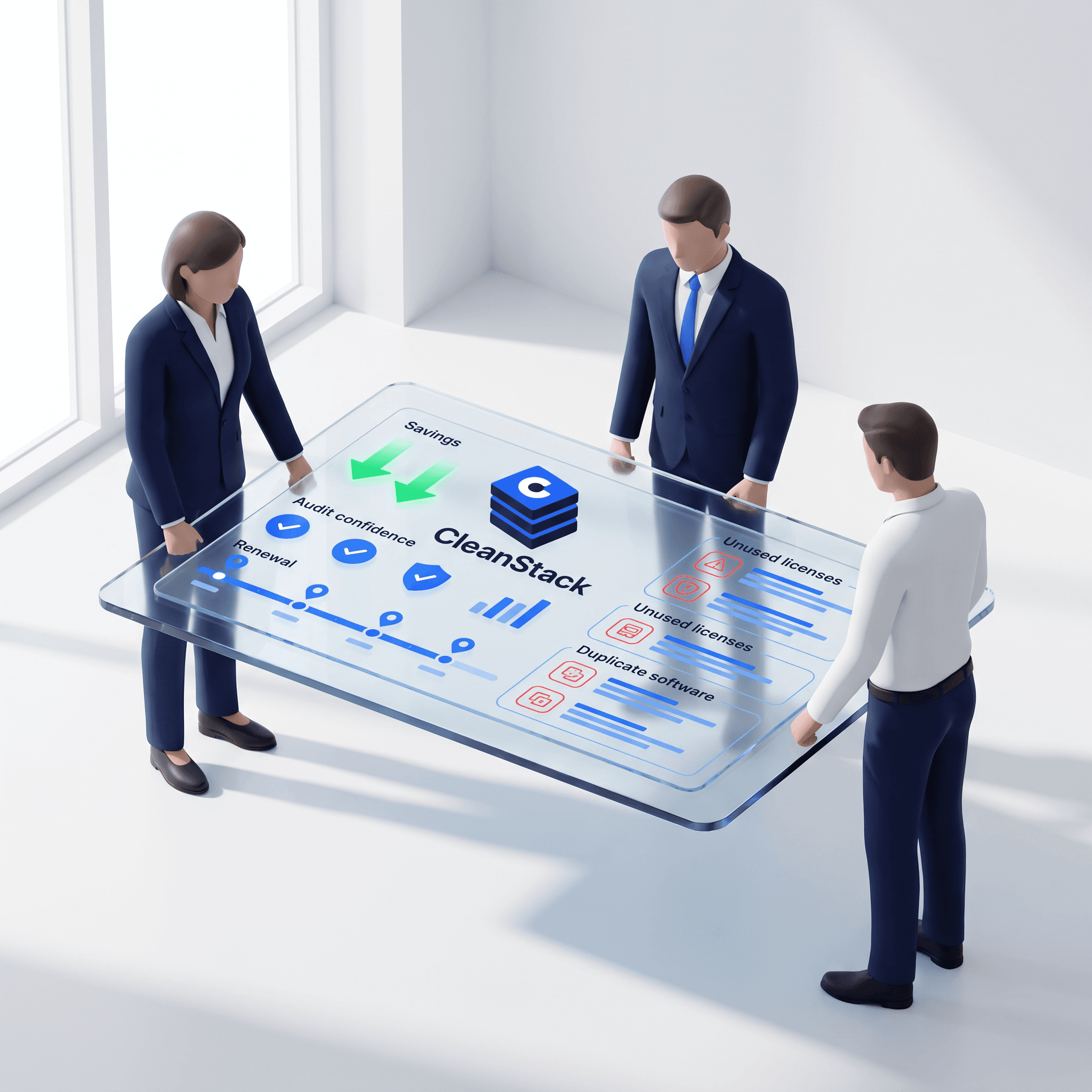 CleanStack executive proof illustration showing audit credibility and savings confidence for Finance and IT leaders.