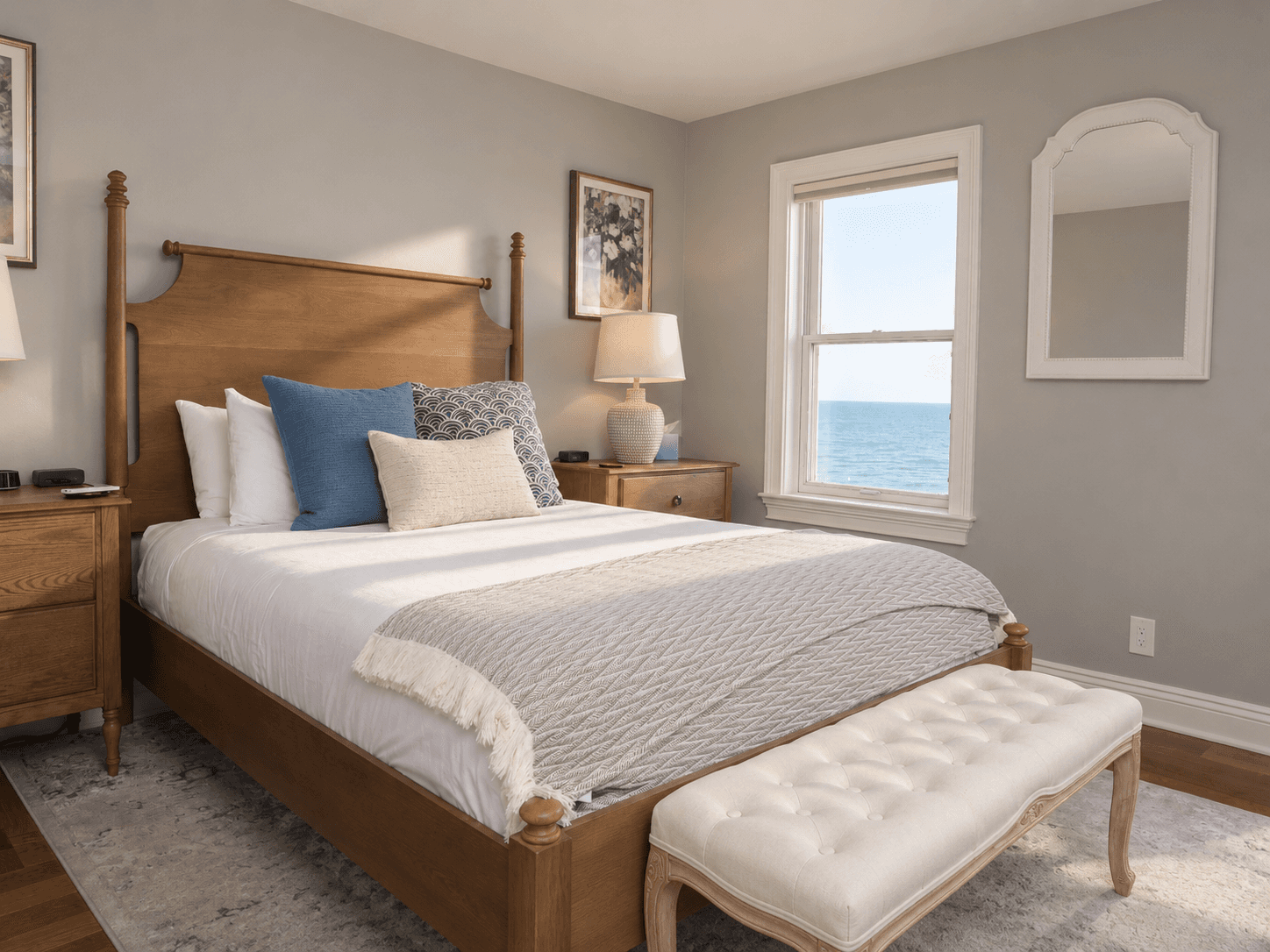 Queen bed and Lake Erie view in Standard Suite 203 at The Inn at Vincent William Wine