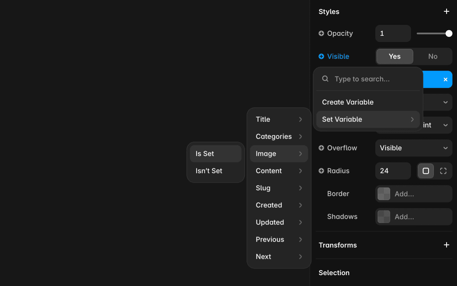 Shows the “Is Set” option in the “Set Variable” dropdown.