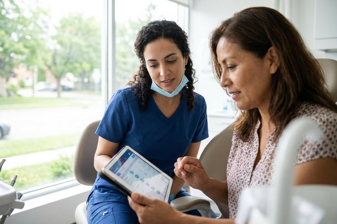 Dentist reviewing a dental crown cost estimate with a patient on a tablet