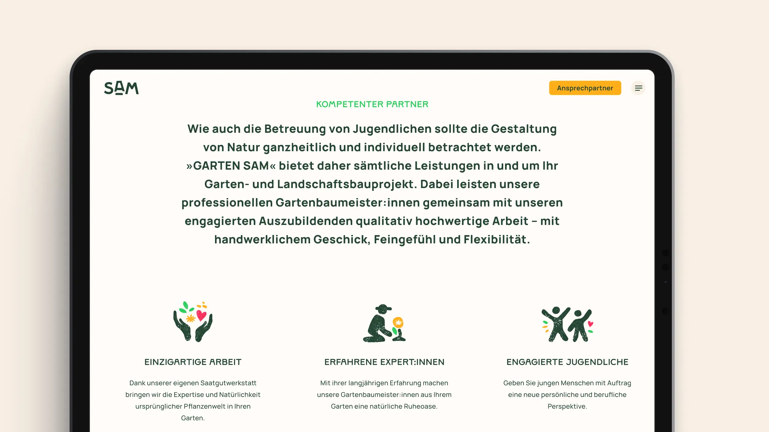Tablet-Layout „Kompetenter Partner“ mit drei Leistungssäulen