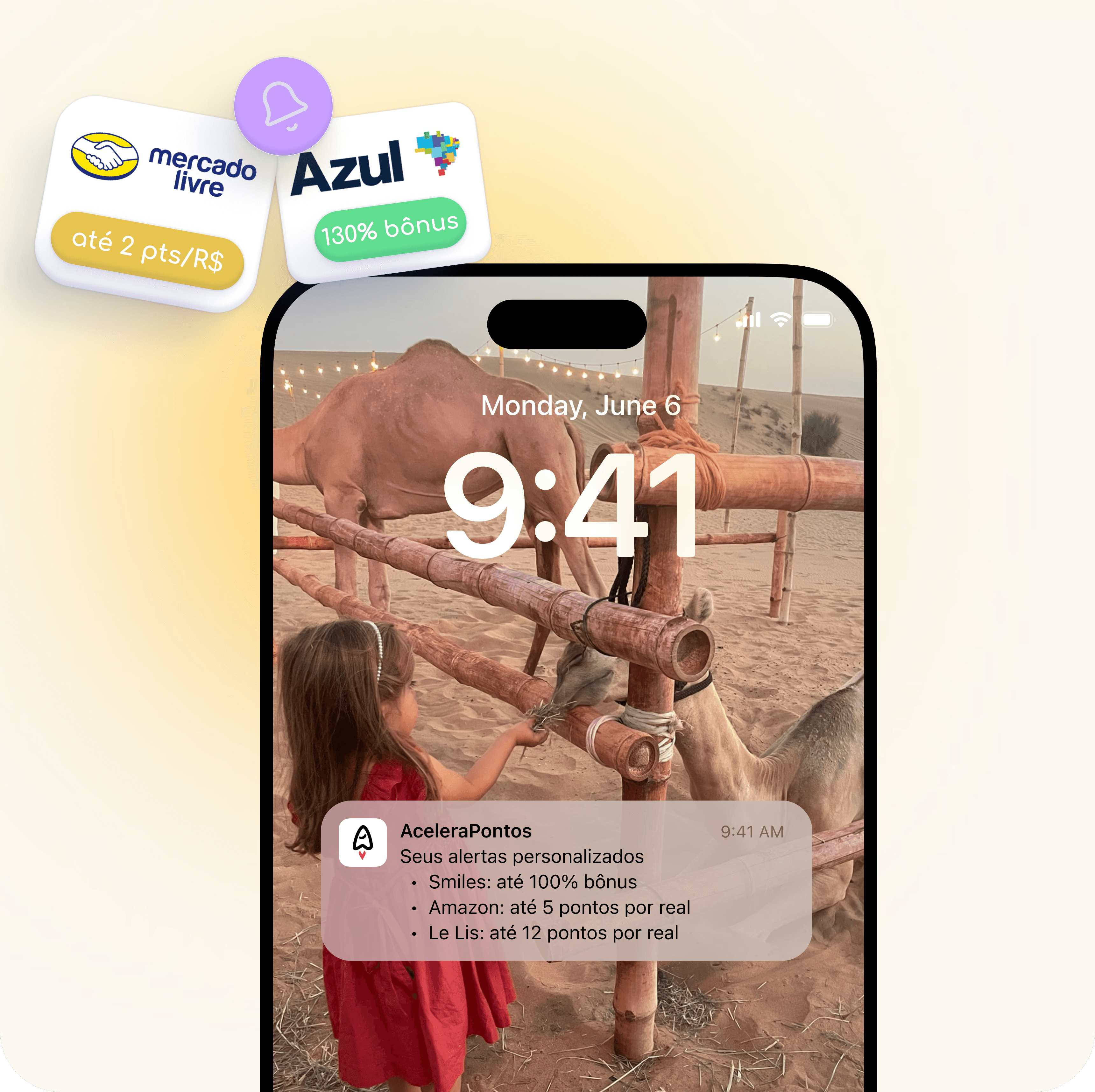 Tela do app AceleraPontos em um smartphone exibindo alertas personalizados de promoções, com notificações de bônus para pontos e milhas.