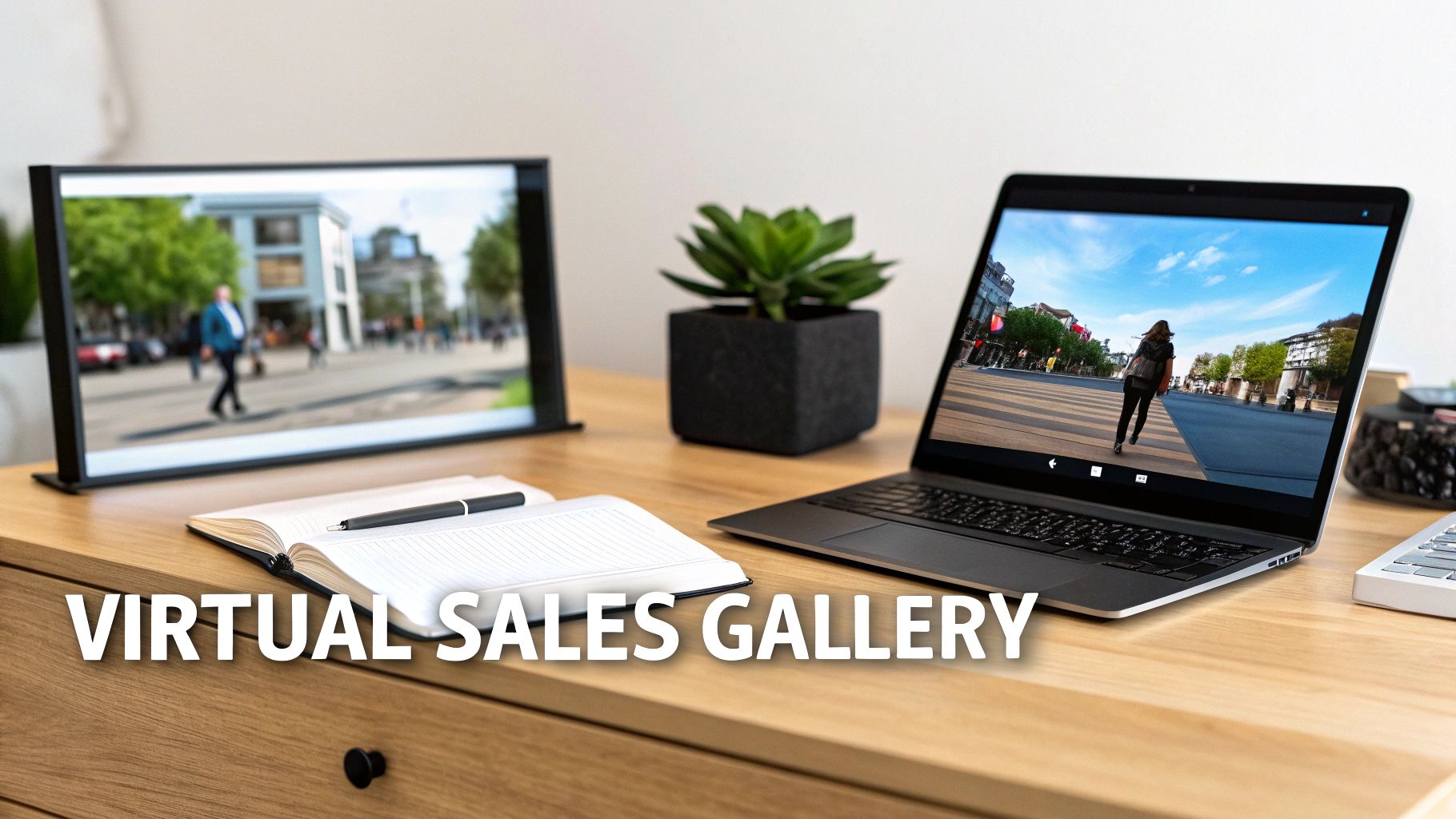 Two screens on a wooden desk showing virtual street scenes with people, next to a notebook and a plant.